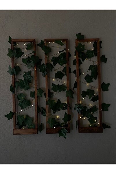 MSAĞWOODS 3'lü Ahşap Peri Ledli Sarmaşıklı Duvar Çıtası Kış Bahçesi Balkon Duvar Dekor Bohem Retro Çeyiz