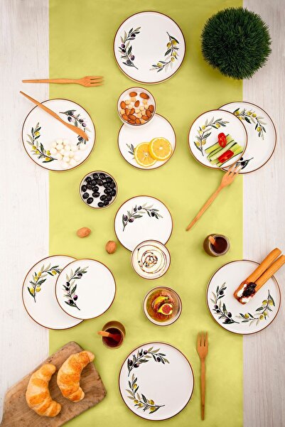 Tabak Home تاج زيتوني فاخر من السيراميك - طقم إفطار دائري مكون من 14 قطعة لـ ...