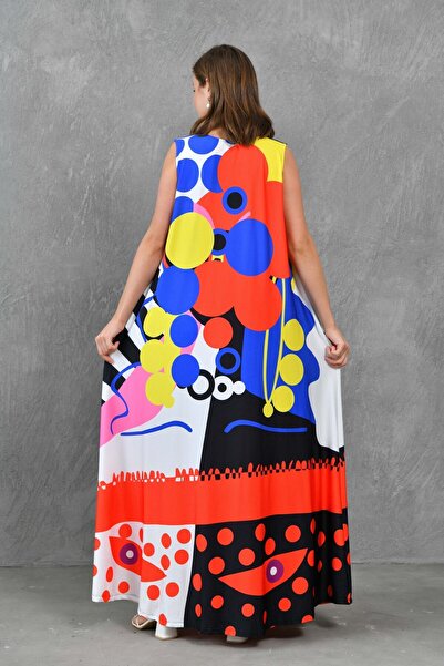 bayansepeti Sleeveless Oversize Maxi Dress with Pockets - Digital Printed, Designed Fabric 10082