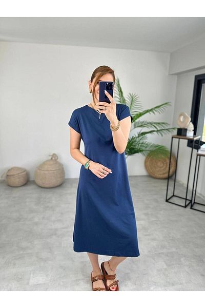 DUSOHOME Rochie lungă din țesătură modal subțire cu decolteu pentru femei - mânecă scurtă, linie A
