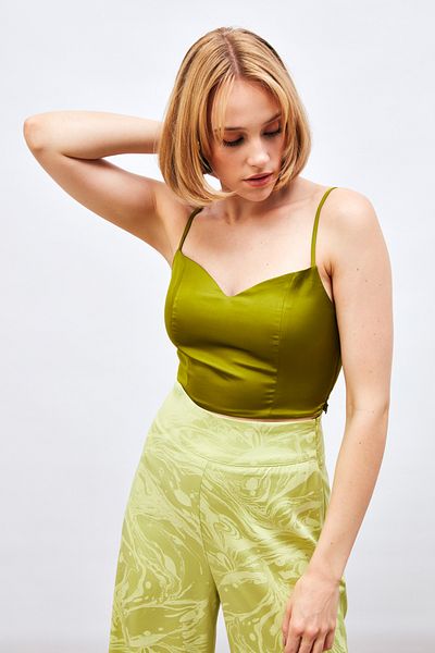 Sateen Oil Green Satin Crop Blouse - Rope Strap