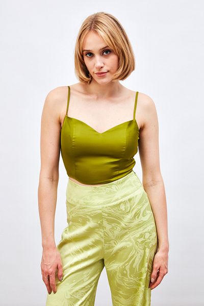 Sateen Oil Green Satin Crop Blouse - Rope Strap