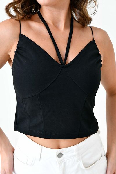 lovebox Bluză de damă neagră Crop - țesătură creponată, detaliu cravată, bretele582455