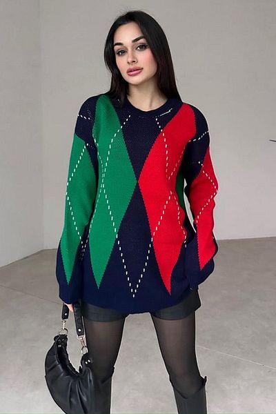 lovebox Crew Neck Diamond Patterned Oversize Long Sleeve Navy Blue Green Red Sweater