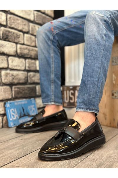 BOA BA0005 Laceless High Black Sole Classic Patent Leather Tassel Corcik Men's Shoes