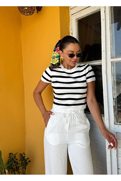 Zey Studio Γυναικεία πλεκτή μπλούζα με λευκή και μαύρη ρίγα - Crew Neck, κοντ...