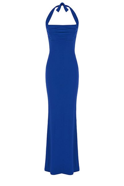 Whenever Company Marineblaues Abendkleid mit Neckholder, Brustbereich, drapiertem Rückenschlitz