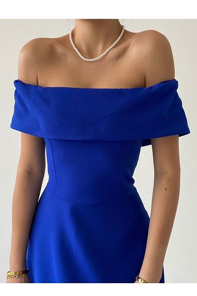 vuvutasarım Saks Blue Atlas Fabric Detail Madonna límečku Saks Blue Flared Midi šaty 222