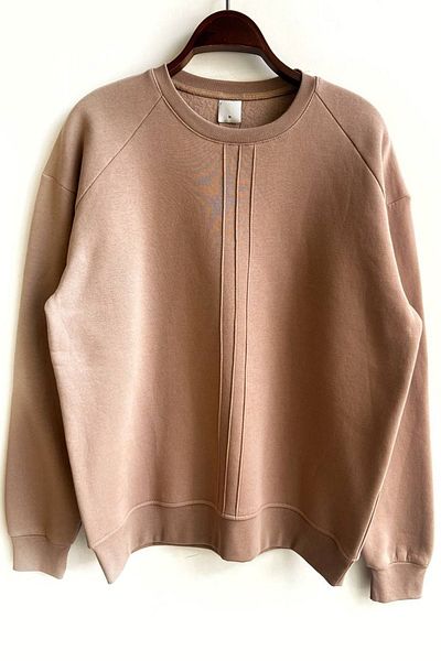 lovebox Three Thread Cotton Fabric Embossed Line Detailed Crew Neck Brown Sweatshirt 1518