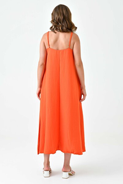 lovebox Pomarańczowa suknia wieczorowa Midi - regulowany pasek, kołnierzyk w kształcie litery U, tkanina Aerobin 3378