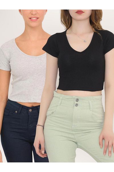 Modark Bluză crop pentru femei Lycra cu decolteu în V - Pachet de 2 negru/gri