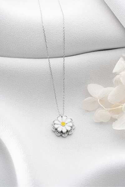 Şimal Silver 925 Ayar Gümüş Zirkon Taşlı Dönebilen Papatya Kolye