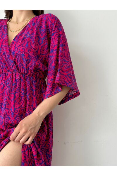 BEJNA Kadın Kruvaze Yaka Yırtmaçlı Uzun Yazlık Elbise