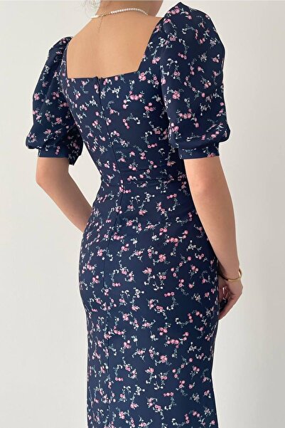 vuvutasarım Virágmintás krepp szövet szögletes gallér hercegnő ujja részlete midi ruha 226