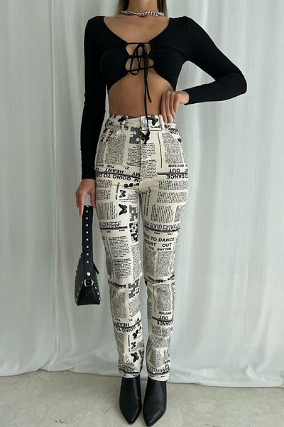 bayansepeti Newspaper Print Design Stylish Design High Waist Pocket Detailed Trousers 194