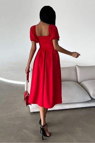 bayansepeti Rochie midi evazată din țesătură roșie pentru scufundări, cu decolteu pătrat, cu mâneci cu balon 582613