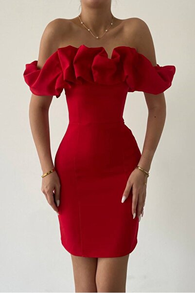 bayansepeti Red Atlas Fabric fodros gallér részlettel ellátott miniruha 223