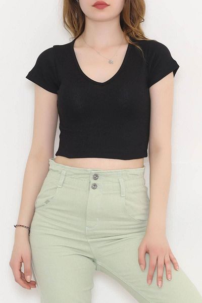 Modark Bluză crop pentru femei Lycra cu decolteu în V - Pachet de 2 negru/gri