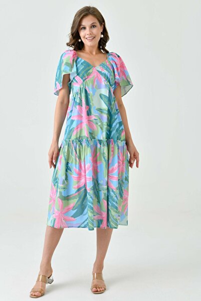 lovebox Tropical Floral Patterned Midi Dress - V-Neck, Guiped Back, Flared Cut 9187