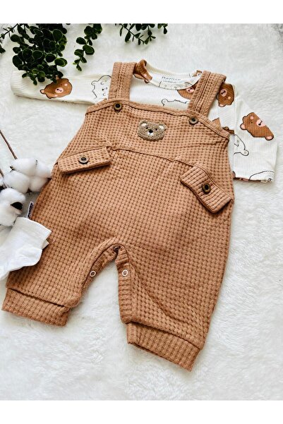 NAFİTTO Baby Boy Waffle Salopet - Punch Teddy Bear Embroidered, Socks