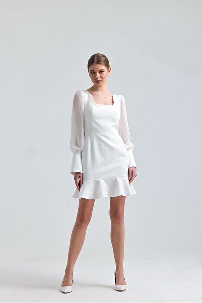 Tangül&Ali'S Moda Evi Beyaz Volanlı Elbise