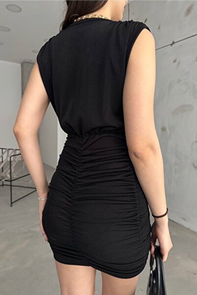 vuvutasarım Μαύρο Buzzy Fabric Διπλό γιακά Shir Λεπτομέρεια Zero Sleeve Mini φόρεμα 12115