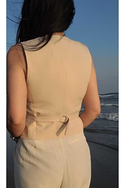 NEVEGE BUTİK V-Neck Women's Vest - Woven Lined and Buttoned, Short - Cream111
