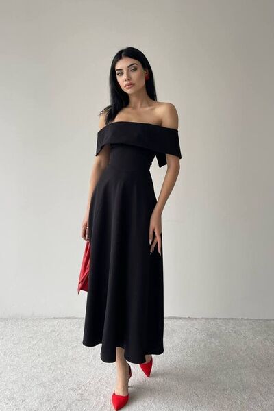 vuvutasarım Black Atlas Fabric Detail Madonna límečku Černé rozevláté midi šaty 222