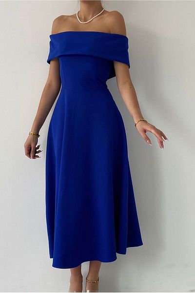 vuvutasarım Saks Blue Atlas Fabric Detail Madonna límečku Saks Blue Flared Midi šaty 222