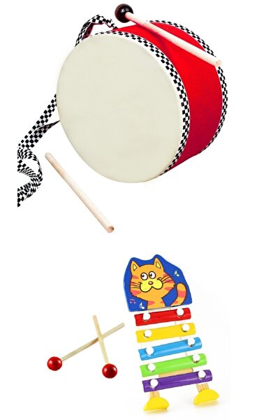 AyasEğiticiOyuncak Bebek Davulu 18 Cm Gerçek Deri & Ahşap Ksilofon 5 Notalı (...
