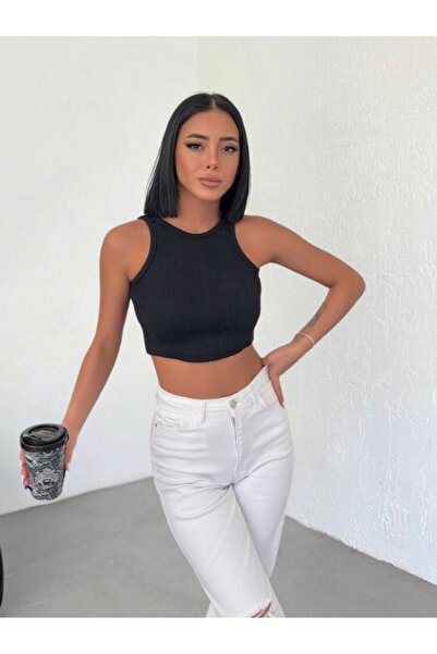 Black Fitted Super Crop Halter Ribbed Flexible Knitted Singlet