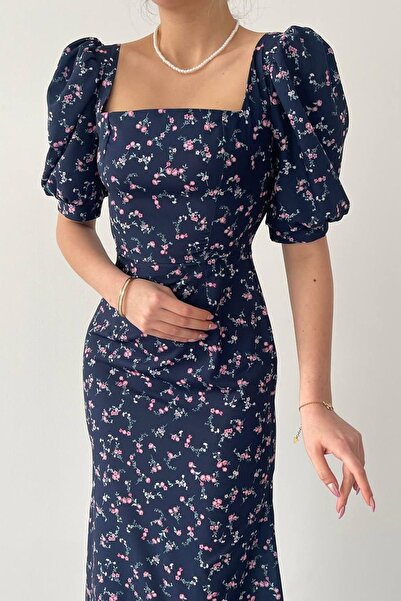 vuvutasarım Virágmintás krepp szövet szögletes gallér hercegnő ujja részlete midi ruha 226