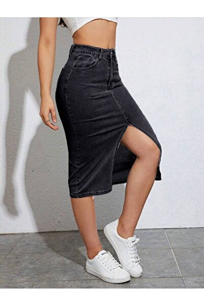 LAMİRAMOOD АНТРАЦИТОВА ДЖИНСОВА СПІДНИЦЯ З ВИСОКОЮ ТАЛІЄЮ З РОЗРІЗОМ