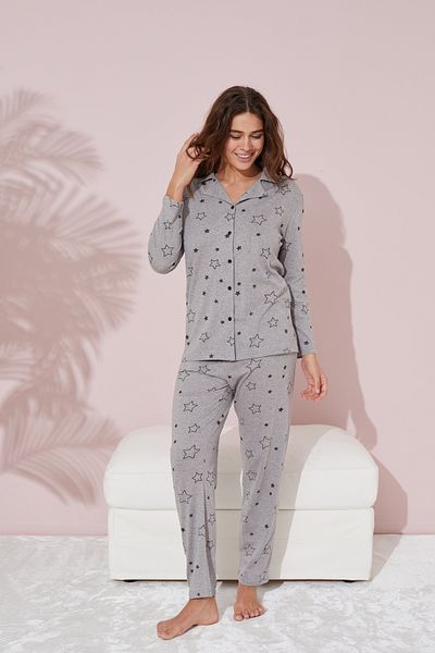 Siyah İnci Cotton Gray Star Patterned Buttoned Pajamas Set