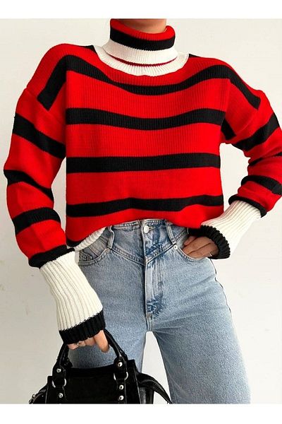 bayansepeti Stripe Detailed Turtleneck Oversize Red Knitwear Sweater 0243