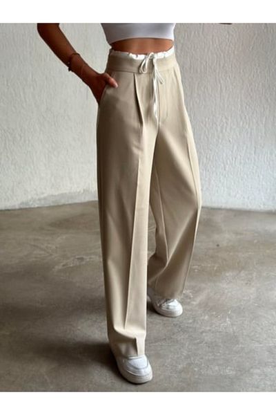My Blog Stone Color Trousers with Thin Waistband and Side Zipper