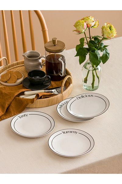 LC Waikiki طبق كيك سيراميك مقاس 20 سم من LCW HOME - مطبوع عليه نص، مجموعة من 4 قطع
