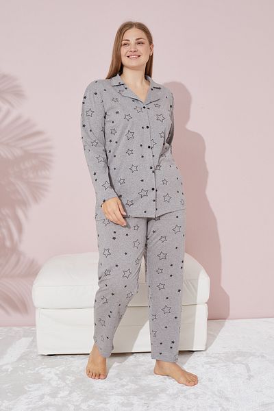 Siyah İnci Plus Size Gray Star Patterned Cotton Pajama Set - Buttoned and Oversize