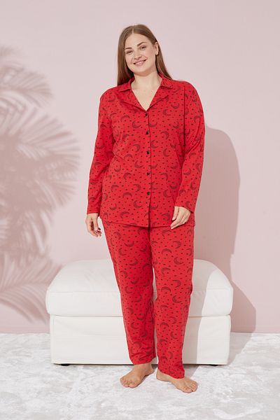 Siyah İnci Plus Size Red Moon Patterned Curve Cotton Pajama Set - Oversize Buttoned