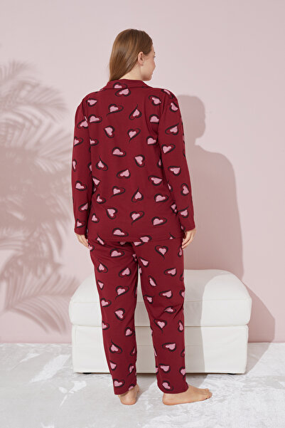 Siyah İnci Large Size Oversize Buttoned Cotton Pajama Set - Burgundy Pink, Heart Patterned Curve