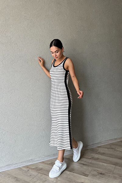 Seda Yalçın Atelier L Ισοδύναμο Λευκό Μαύρο Ριγέ Γυναικείο Φόρεμα ίσιας εφαρμογής