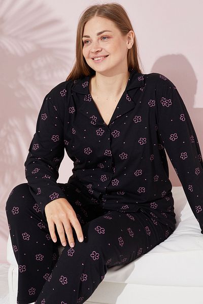 Siyah İnci Set de pijamale din bumbac cu model floral, negru, roz, mărime mare - cu nasturi supradimensionați
