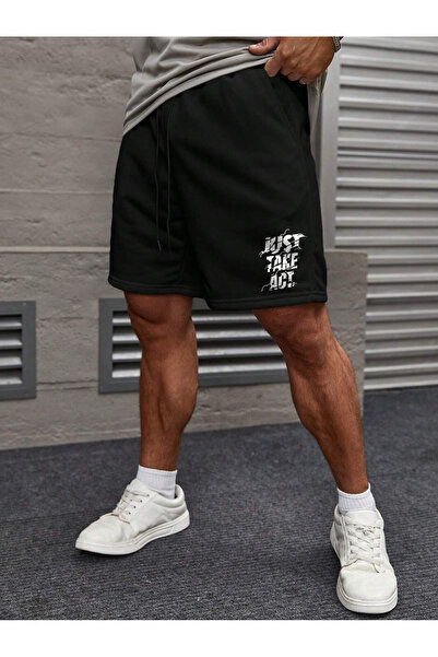 De Carte Just Take Act Baskılı Erkek Siyah Mevsimlik Spor Şort
