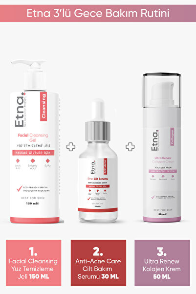Etna Pharma Yüz Temizleme Jeli 150 ML, Anti-Acne Serum ML, Kolajen Krem 50 ML...