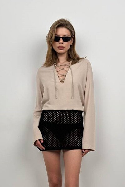 lovebox Kadın Bej Bağcıklı Keten Bluz 23S15016