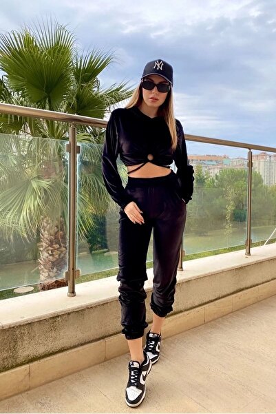 bayansepeti Βελούδινο υφασμάτινο φούτερ με κουκούλα και βελούδινο παντελόνι μαύρη φόρμα παντελόνι 055