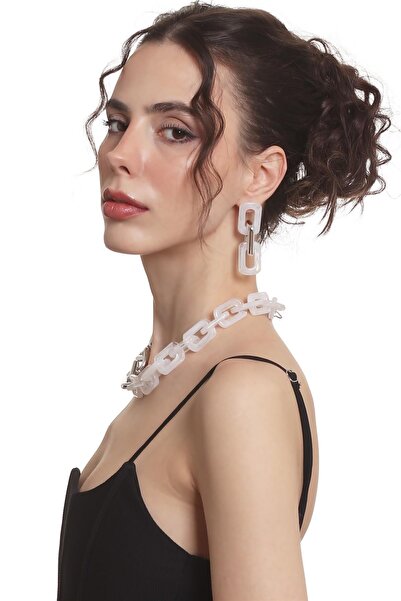 LABALABA Women's Thick Chain Form White & Silver Color Acrylic Design Necklace & Earring Set