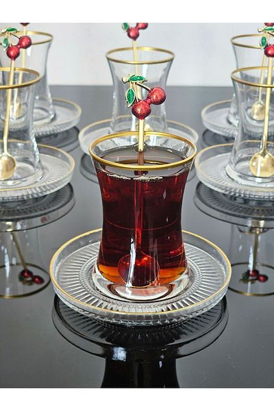 atabey home طقم شاي 18 قطعة 6 أشخاص فاخر مع ملعقة شاي كرز