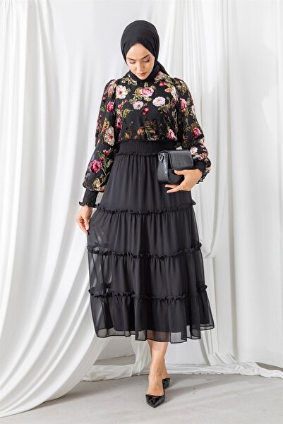 bayansepeti Жіноча сукня з підкладкою з шифону, з оксамитовою фактурою та кві...