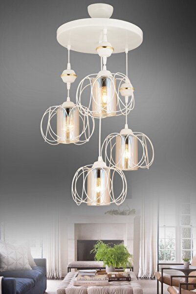 KARDELEN AYDINLATMA AVİZE Sarkıt Beyaz 4'lü Safir Aşağı Bakan Lüks Avize